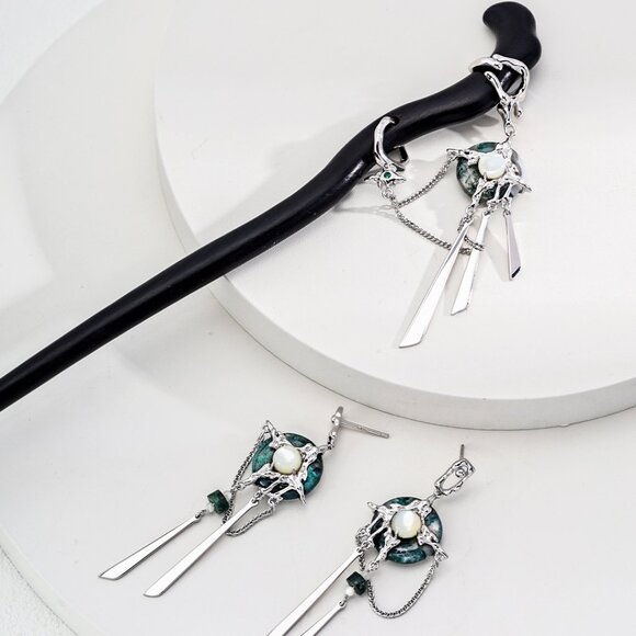 🌿 Artisan Original Design "New Chinese Style" Moss Agate Sandalwood Hair Stick - Picture 3 of 8